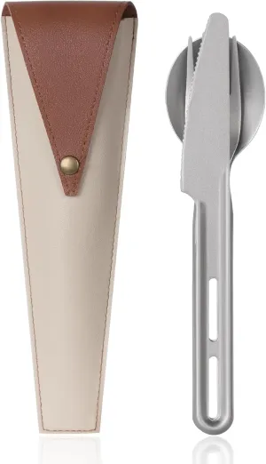 ZING TII Titanium 3-in-1 Camping Utensil Set with Leather Case | Stackable Spoon Fork Knife Kit | Compact Cutlery for Travel, Hiking, Office & Outdoor Dining